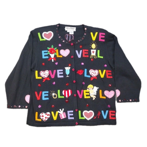 Jack B. Quick L Vintage Embellished Heart Valentine's Day Black Cardigan LOVE - Picture 1 of 15